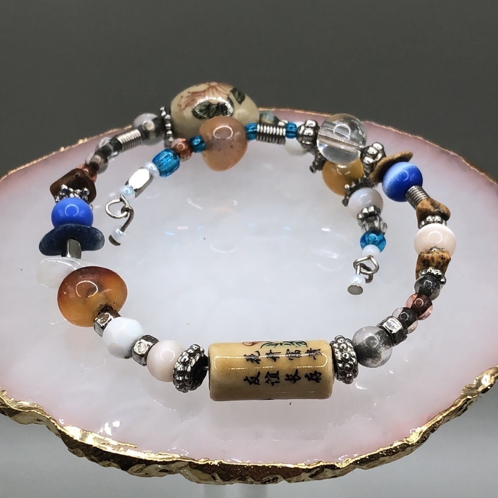 ARTISAN handmade Asian ceramic beads memory coil bracelet boho layering